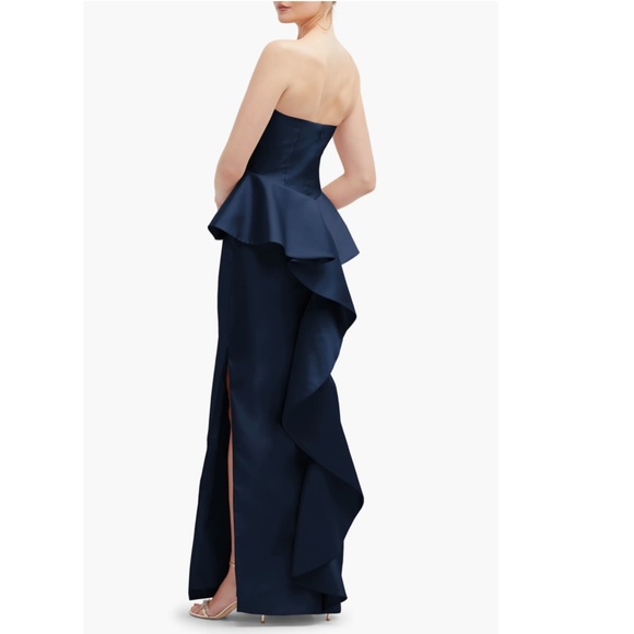 NEW ALFRED SUNG Midnight BLUE Strapless RUFFLE Peplum SATIN Column GOWN 12 - Picture 10 of 16